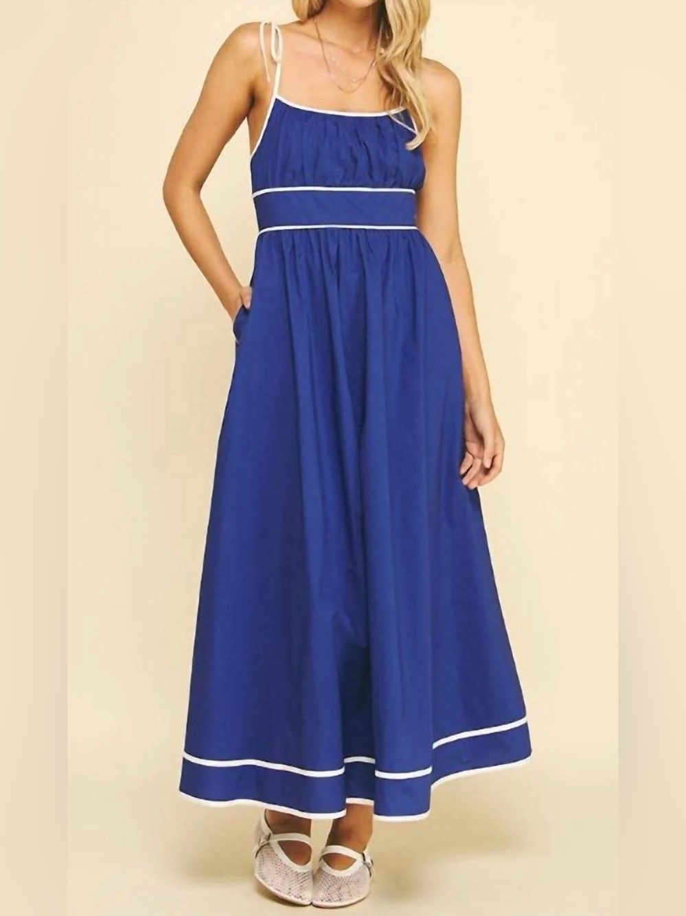 Pinch Medium Blue Sleeveless Maxi Dress with White Trim